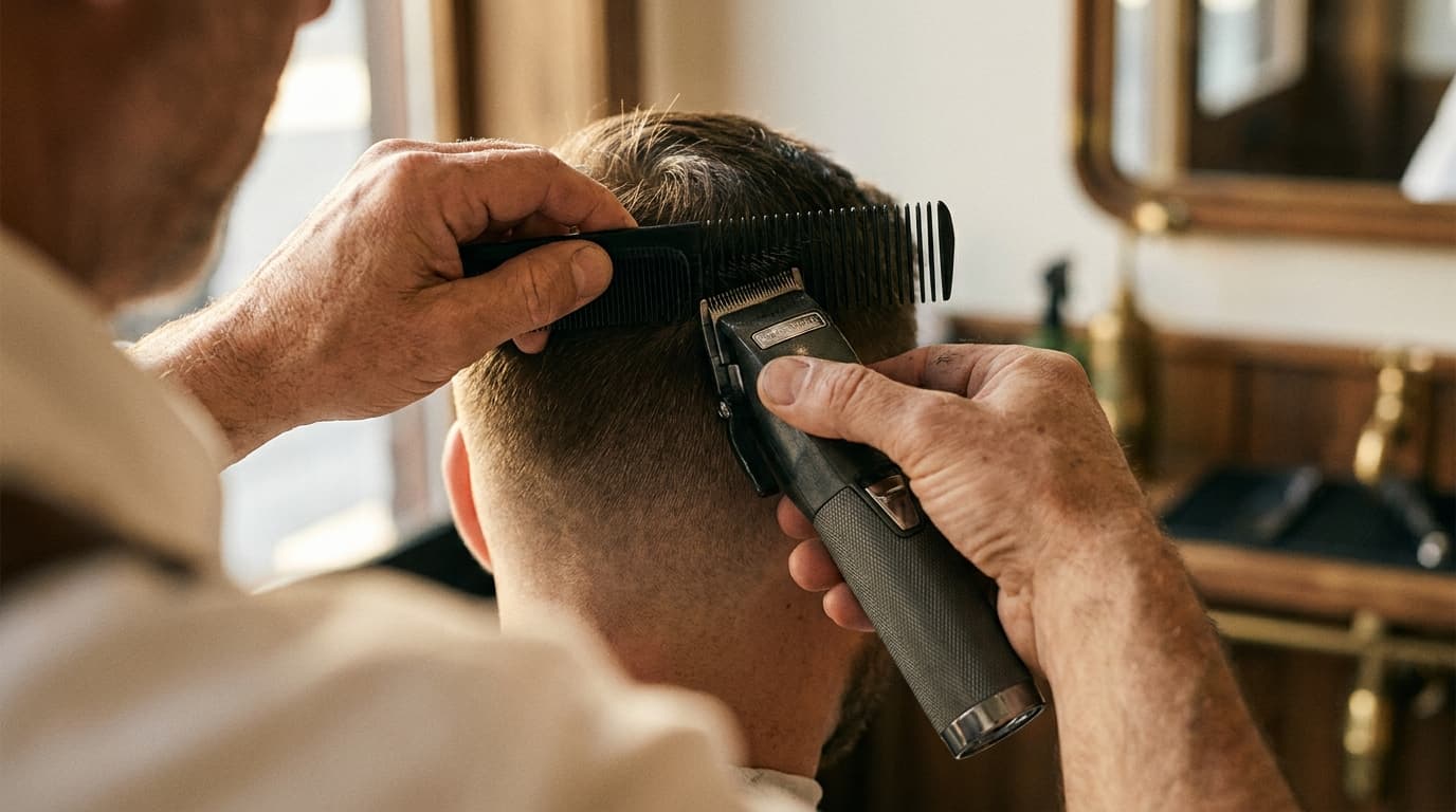 AI-generated photoreal illustration of a barber's clipper-over-comb fade on the back of a client's head, warm barbershop blur.