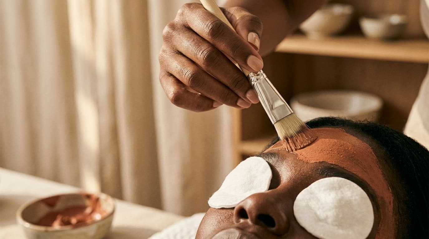 AI-generated photoreal illustration of an esthetician applying a terracotta clay mask to a client's forehead, eye pads in place.