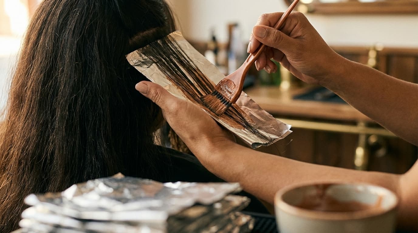 AI-generated photoreal illustration of two stylist hands foiling a section of dark, textured hair for color, salon in warm blur.