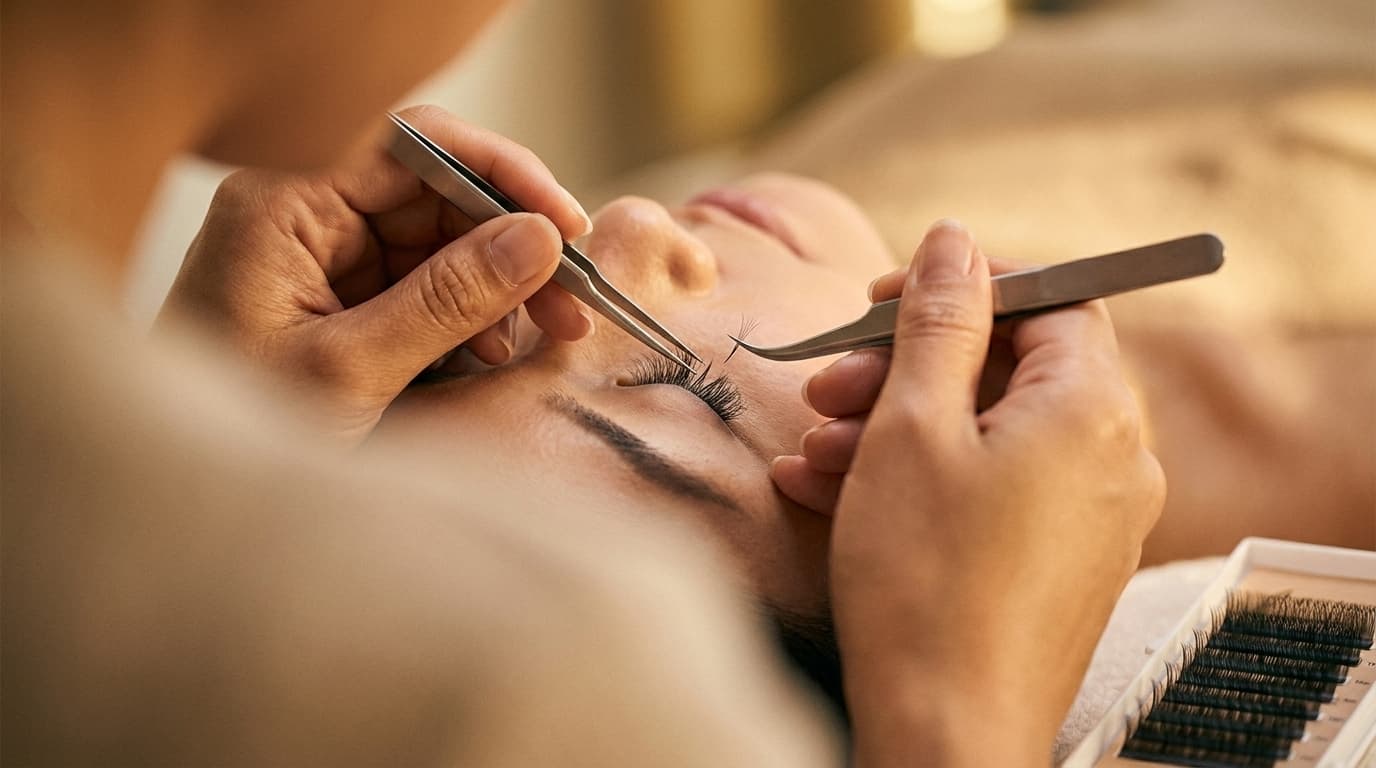 AI-generated photoreal illustration of a lash artist placing a single lash extension with two tweezers, closed eye, lash tray nearby.