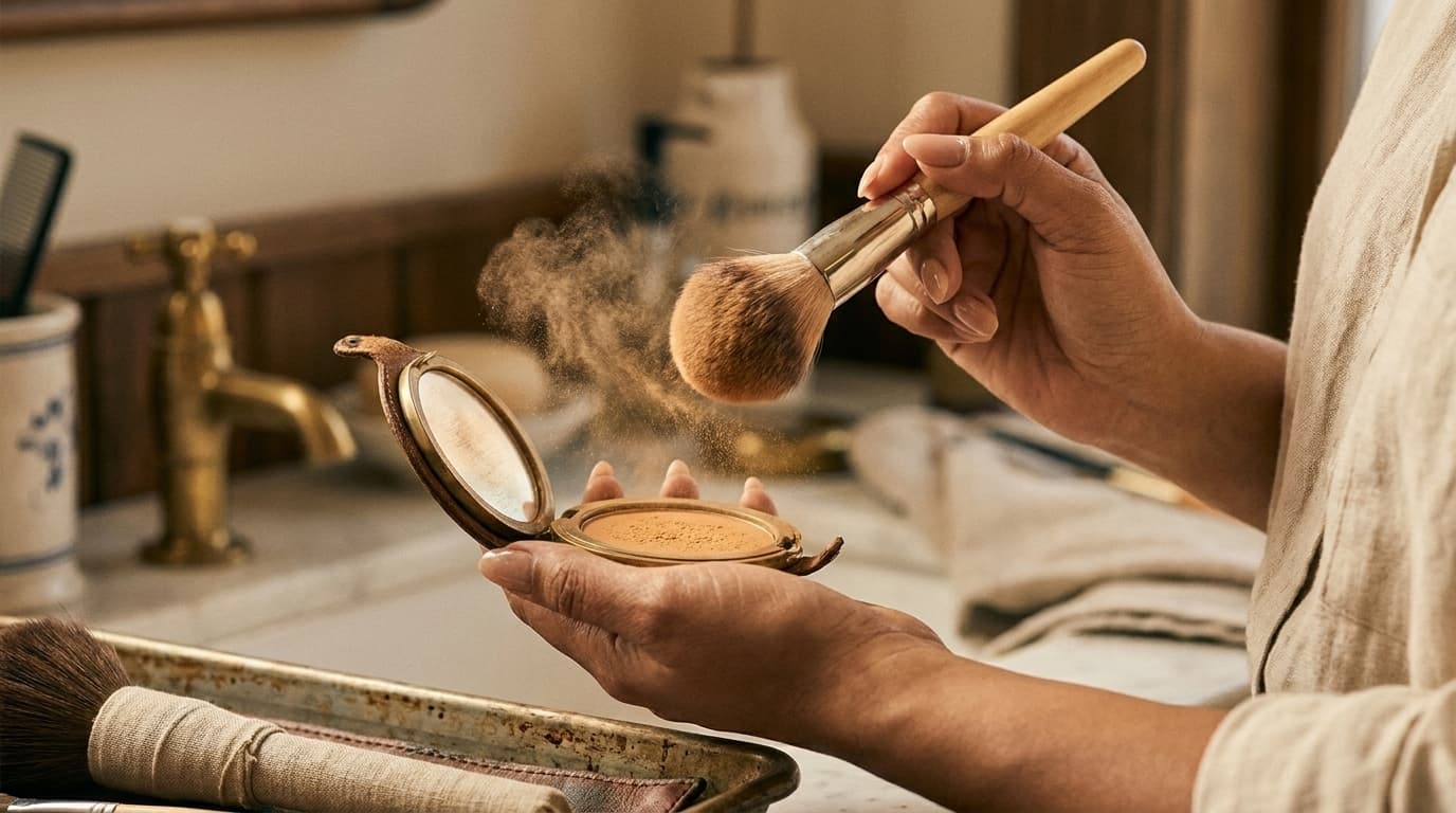AI-generated photoreal illustration of an MUA dusting excess powder off a fluffy brush into a small open compact, powder cloud visible.