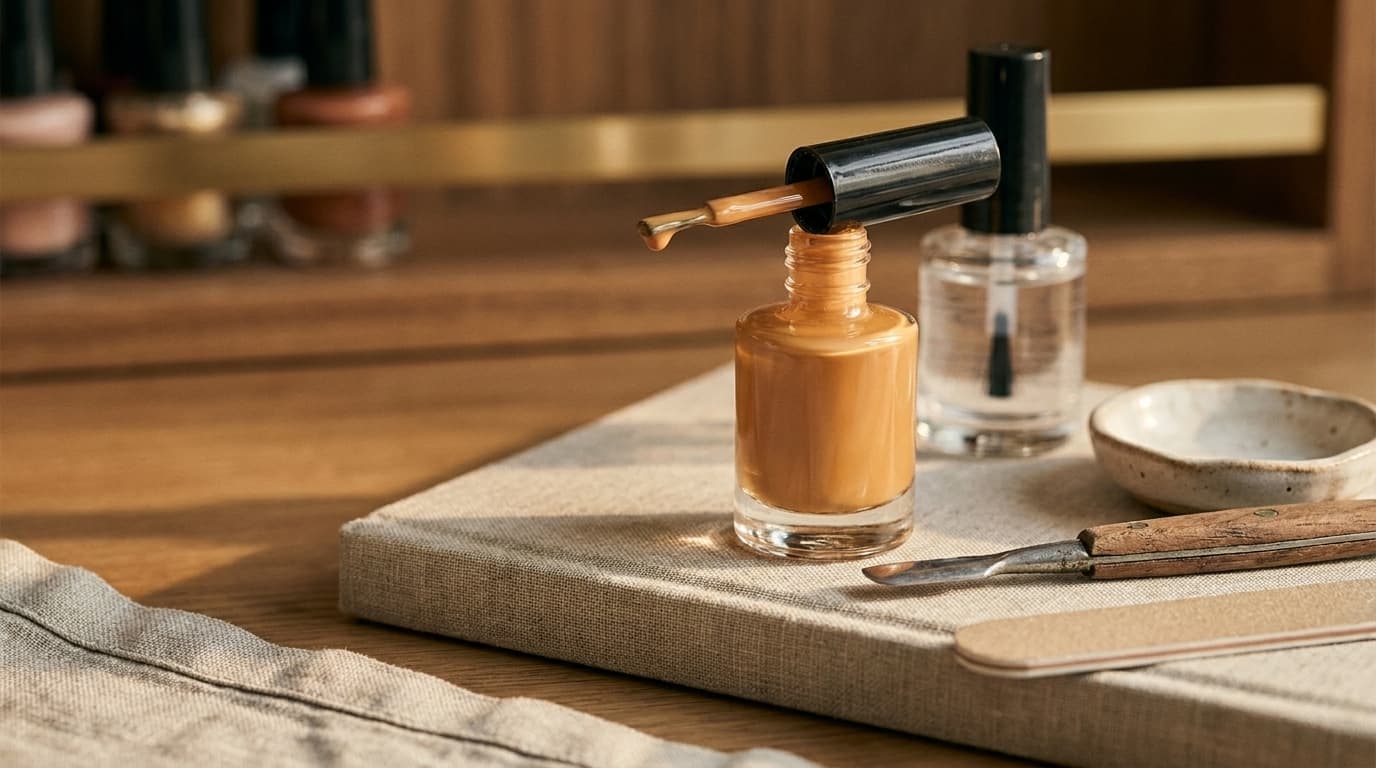 AI-generated photoreal still life of nail-care tools — polish bottle, cuticle pusher, fine-grit file, ceramic dish on linen.