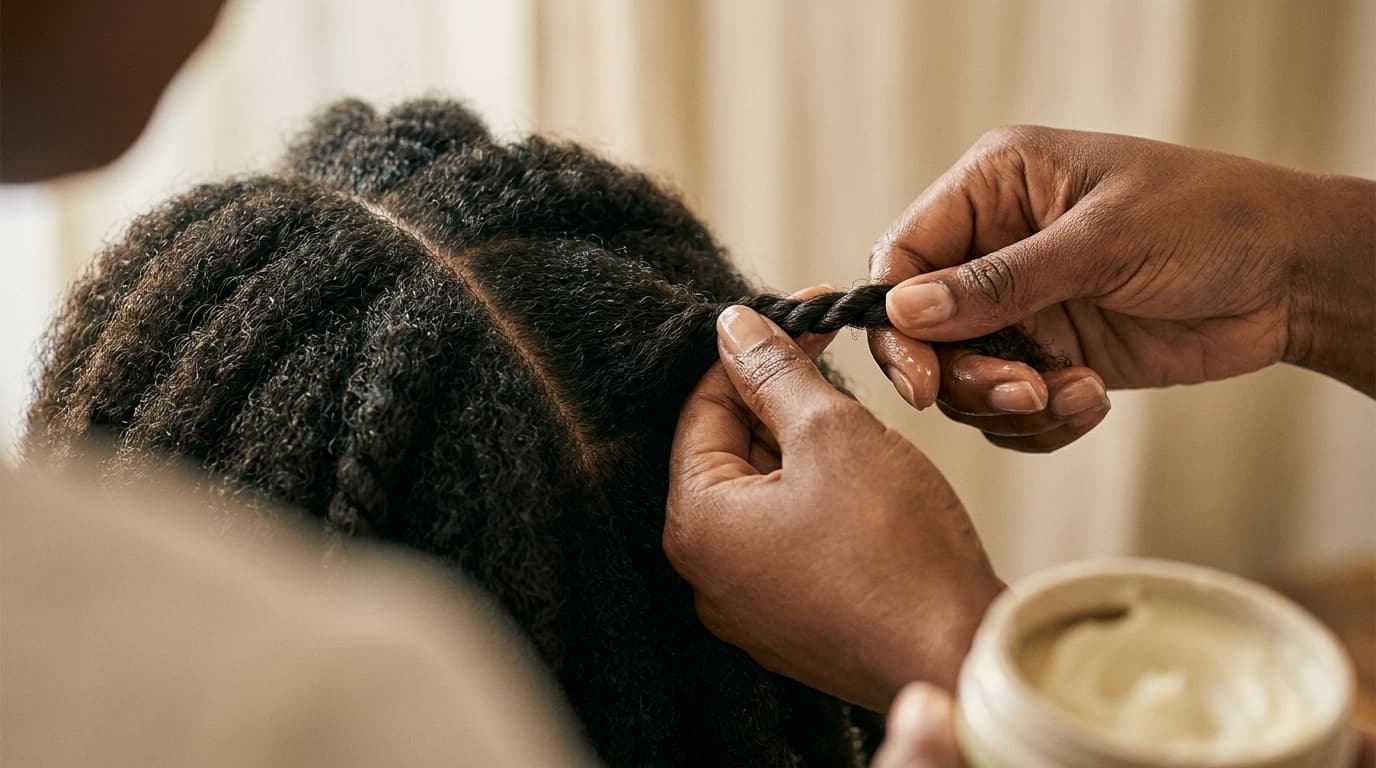 AI-generated photoreal illustration of two Black stylist hands twisting a section of textured natural hair, crisp parting line.