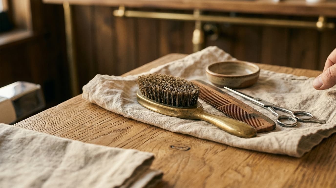 AI-generated photoreal still life of personal-care tools — brass brush, wooden comb, working scissors, ceramic dish on linen.